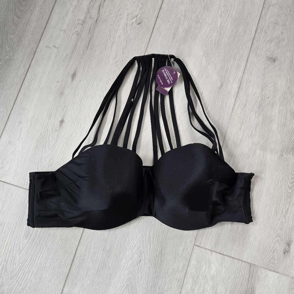 🔥 (5for$35) NWT Swim Cacique 44C Bandeau Bikini Top  Black Strappy Underwire